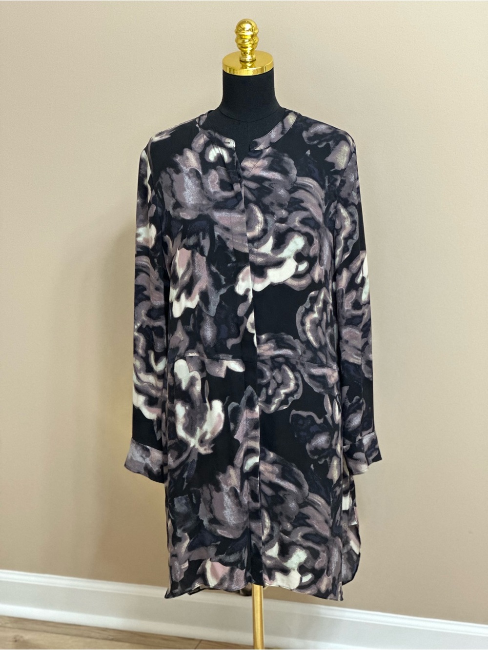 Wilfred 100% Silk Black Floral Watercolor Long-Sleeve Dress Size M